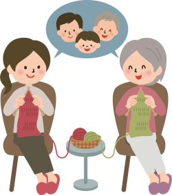 نقاشی دختری نشسته بر روی کاناپه و مشغول قلاب بافی از روی طرح های عروسک ژته بافت