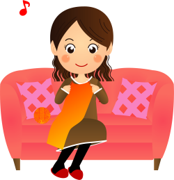 نقاشی دختری نشسته بر روی کاناپه و مشغول قلاب بافی از روی طرح های عروسک ژته بافت